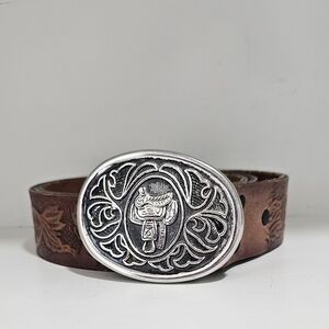 Vintage Avon Western  embossed Leather Belt with saddle  Silver tone  Buckle